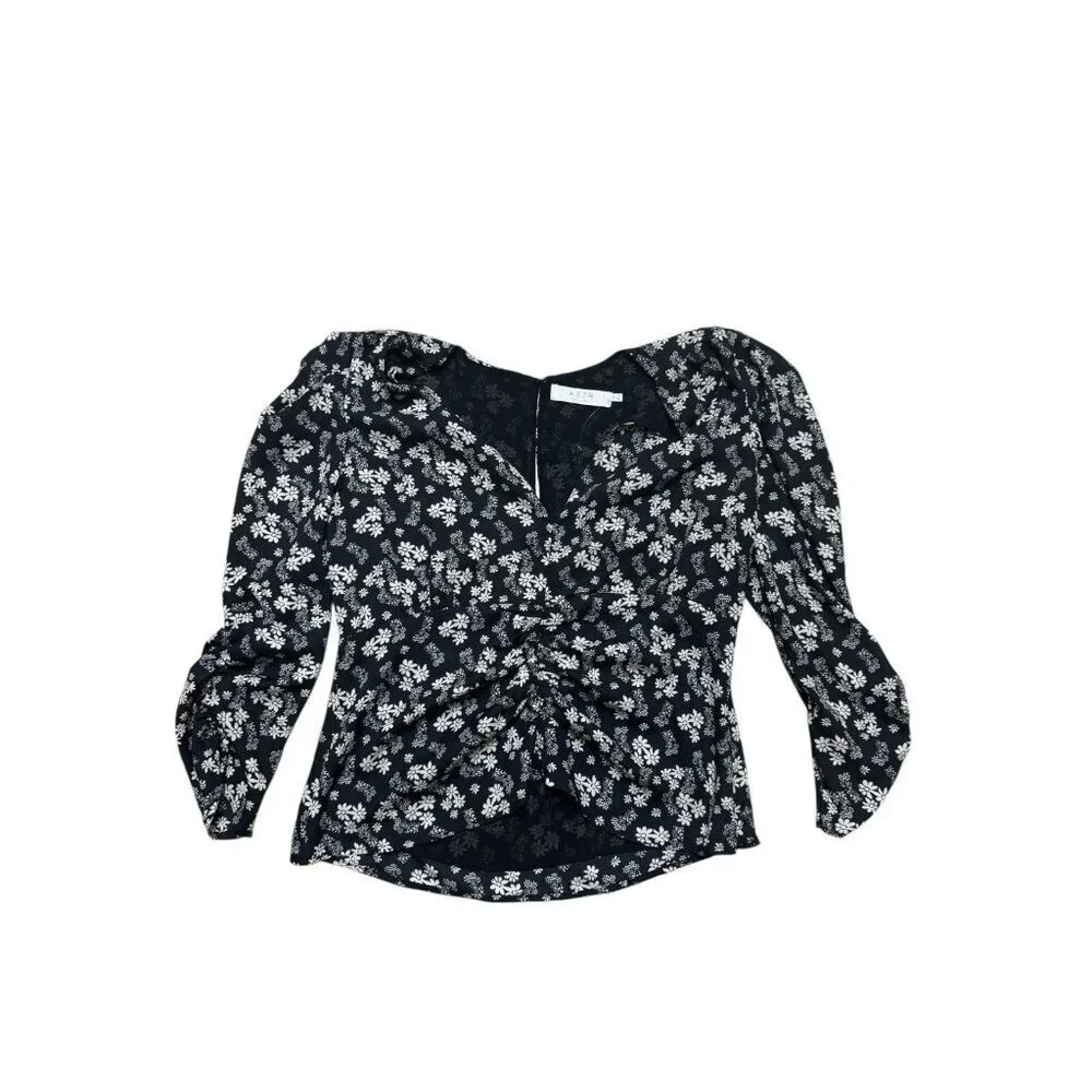 ASTR The Label Floral Ruched Blouse XL Black Puff Sleeve Top